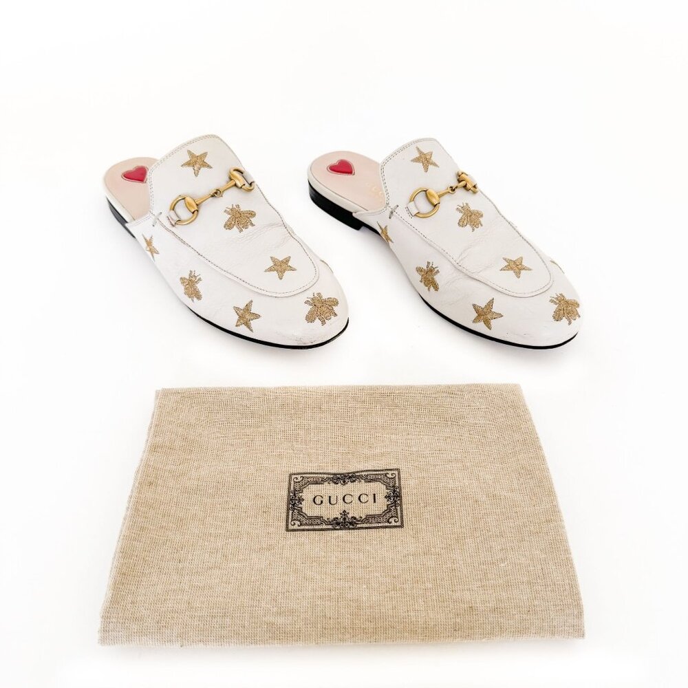 Gucci Princetown Horsebit Loafer Mule EU 37 US 7 White Bee Star Embroidered